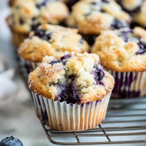 Close-up of a gluten-free blueberry muffin showcasing juicy berries inside.