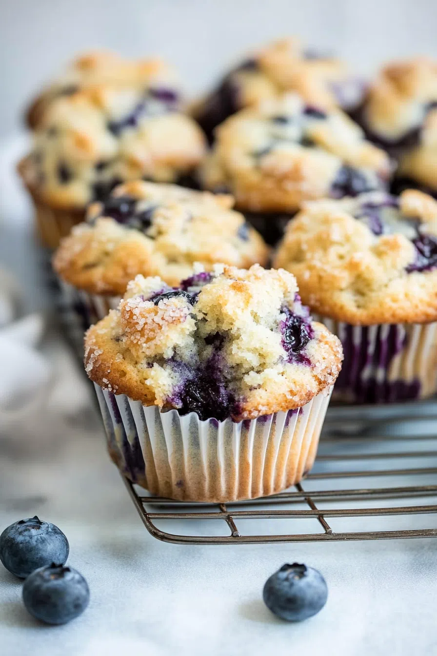 Close-up of a gluten-free blueberry muffin showcasing juicy berries inside.