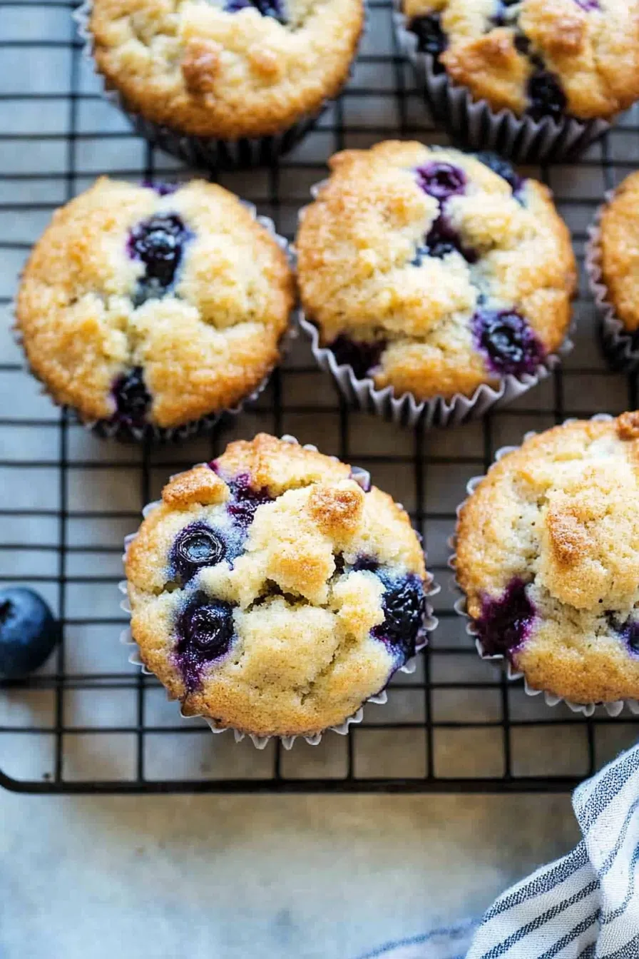 Freshly baked golden-brown muffins with blueberries peeking through.