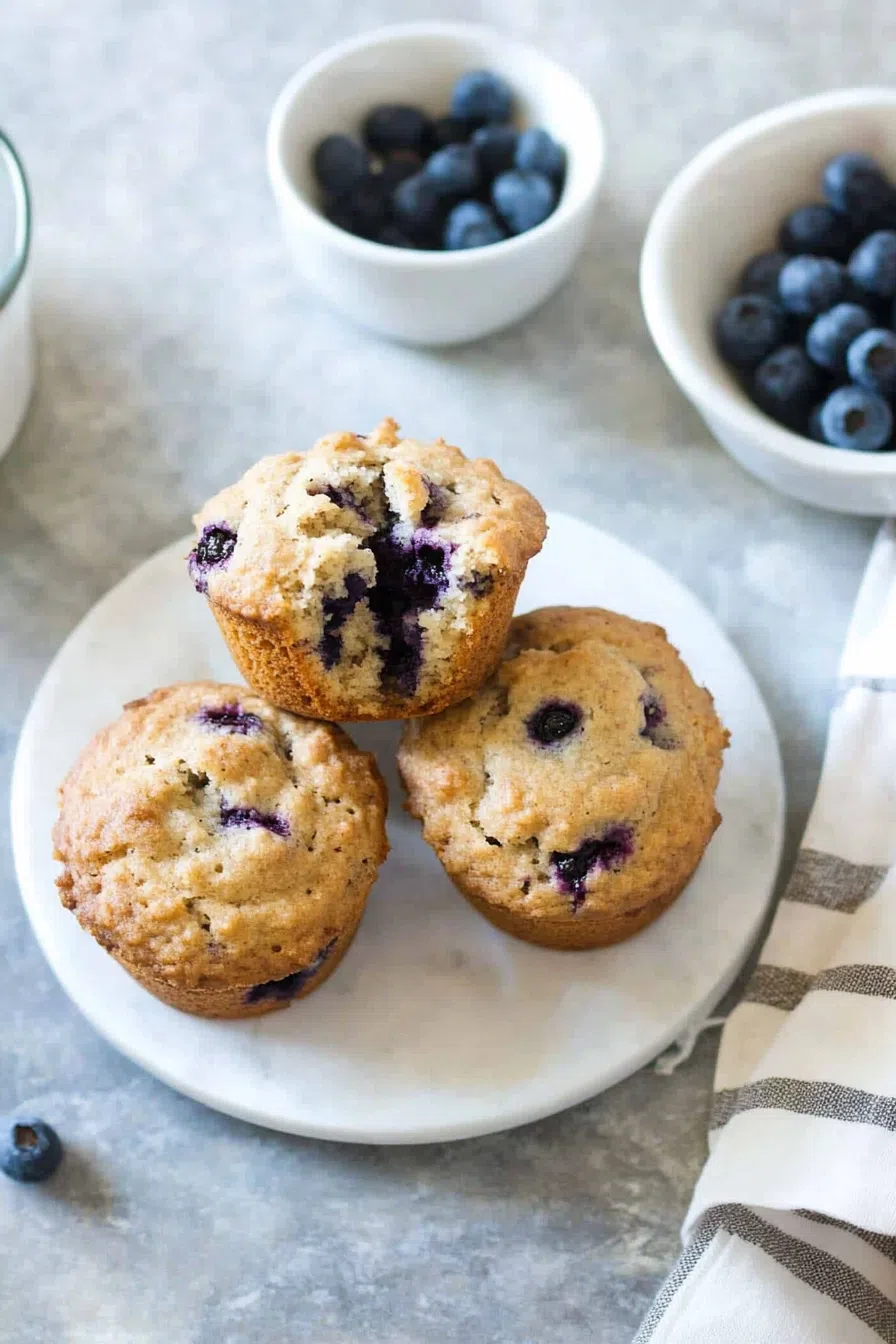 Golden blueberry muffin with a slightly cracked top on a white plate.