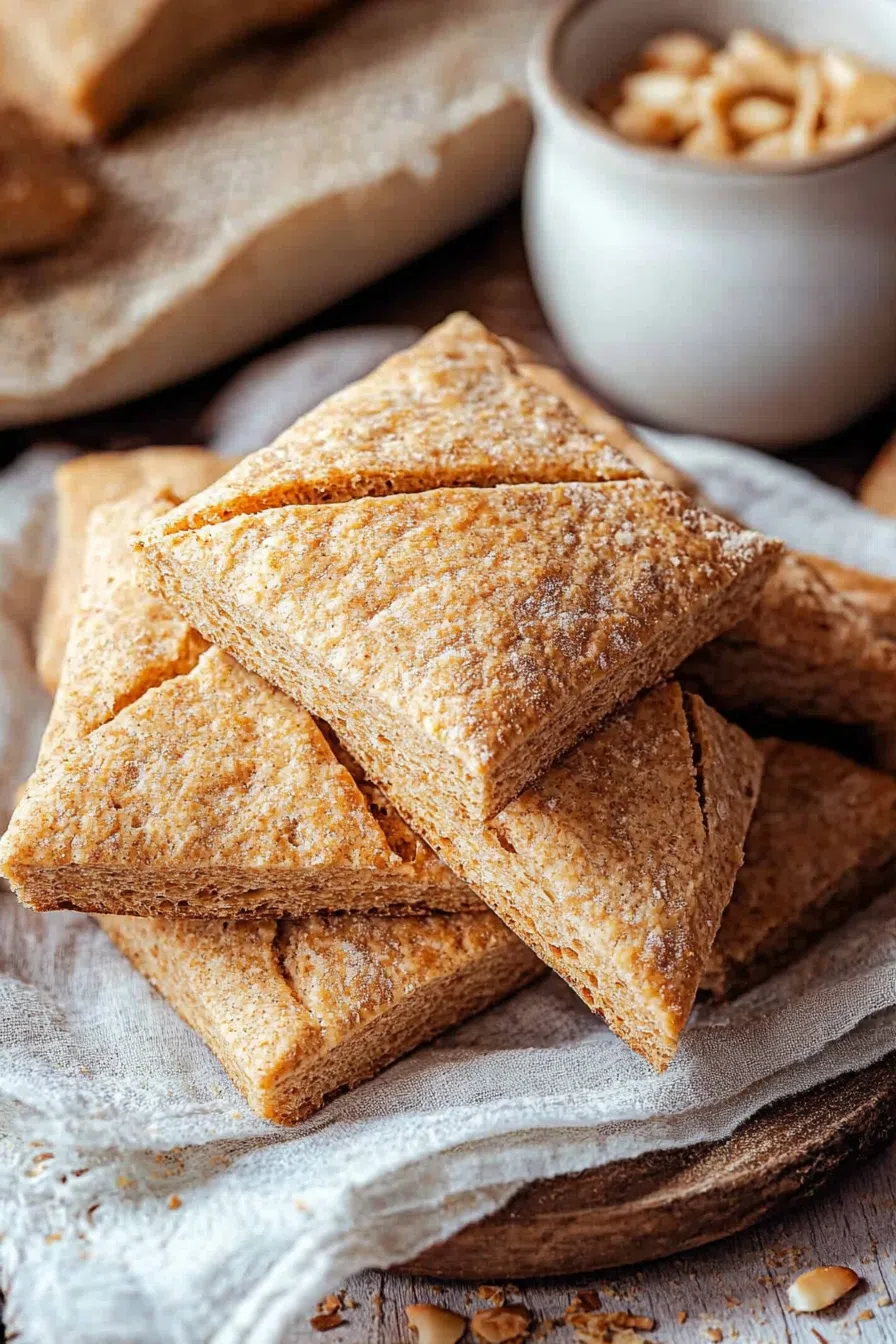 Golden-brown square pastries stacked on a wooden board.
