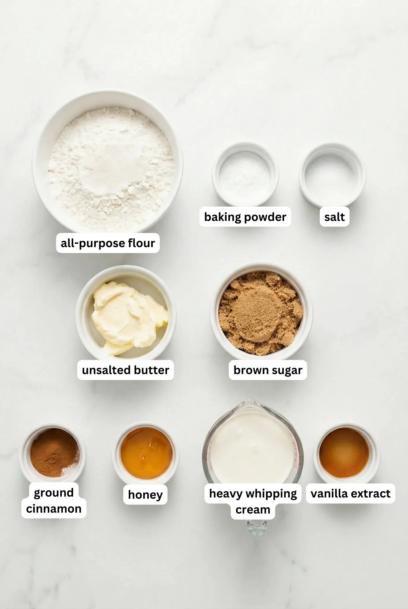 Ingredients for Lembas Bread including all-purpose flour, baking powder, salt, unsalted butter, brown sugar, cinnamon, honey, heavy cream, and vanilla extract