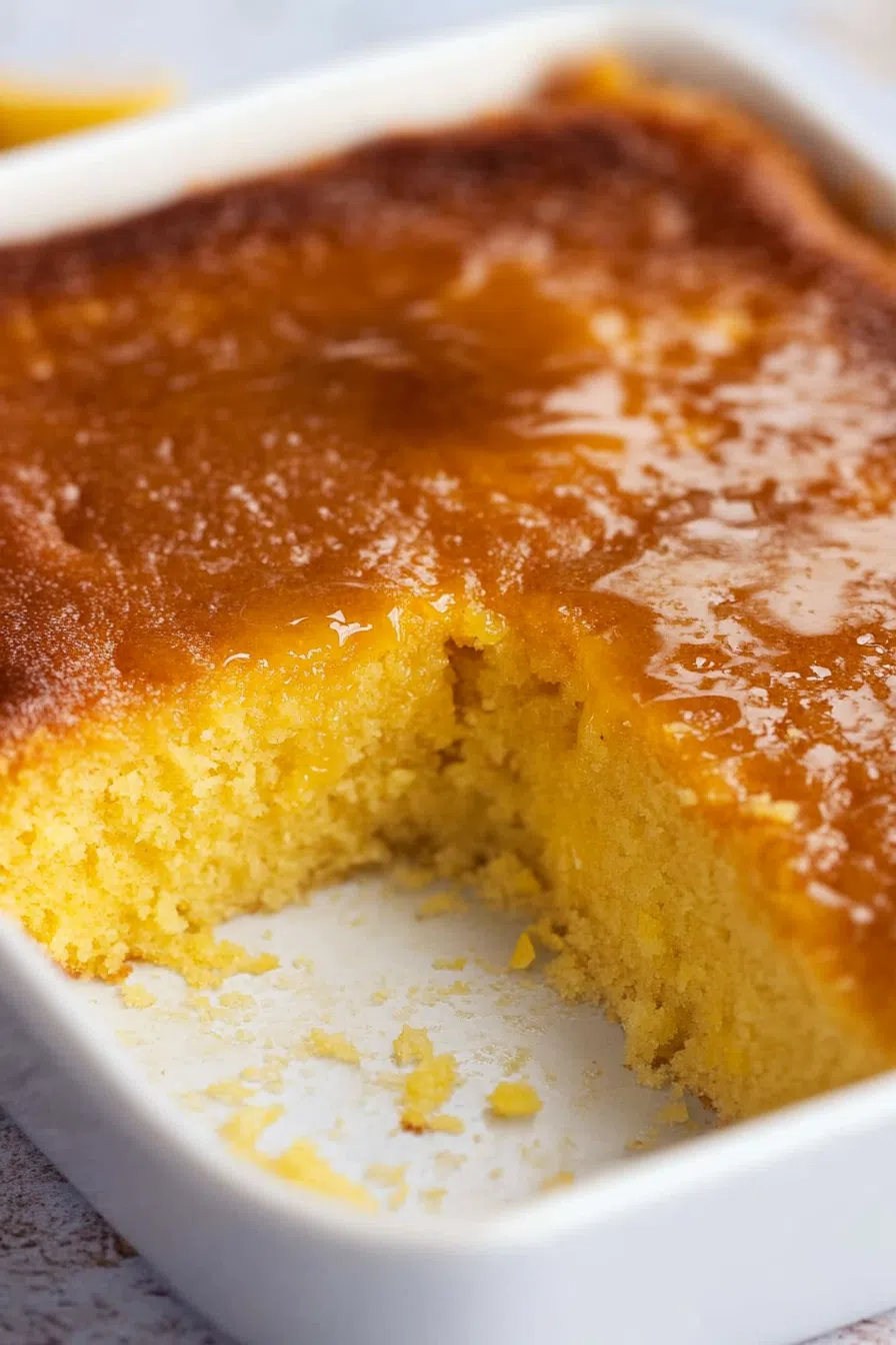 Moist yellow cake topped with a glossy glaze, sliced and ready to serve.