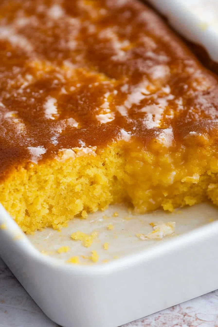 A moist yellow cake topped with a thin, shiny glaze, sliced and ready to serve.