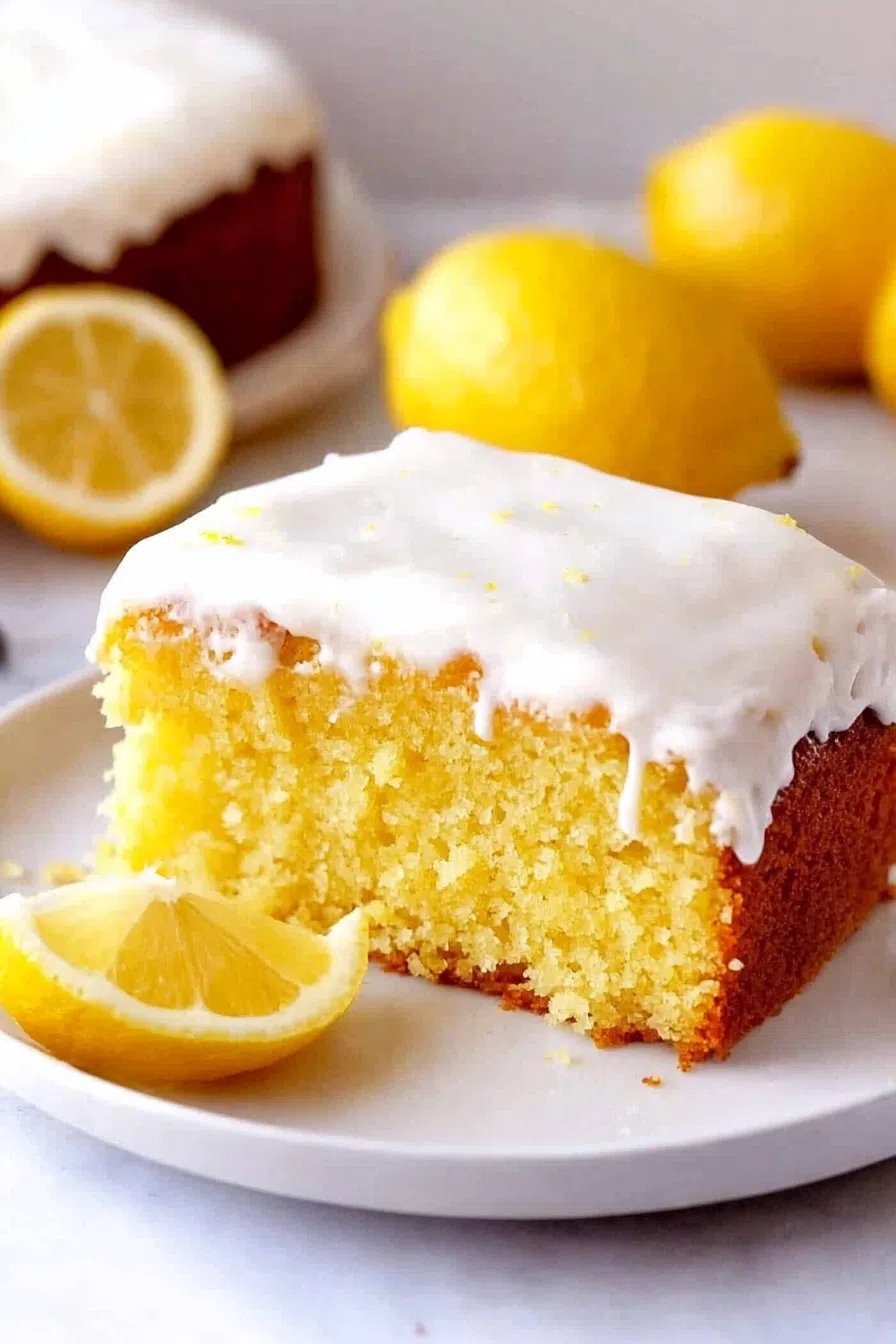 Sliced cake pieces arranged neatly on a white plate with glaze glistening on top.