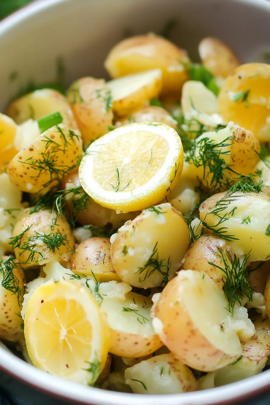 Close-up of tender potatoes tossed in a zesty, herb-infused sauce.
