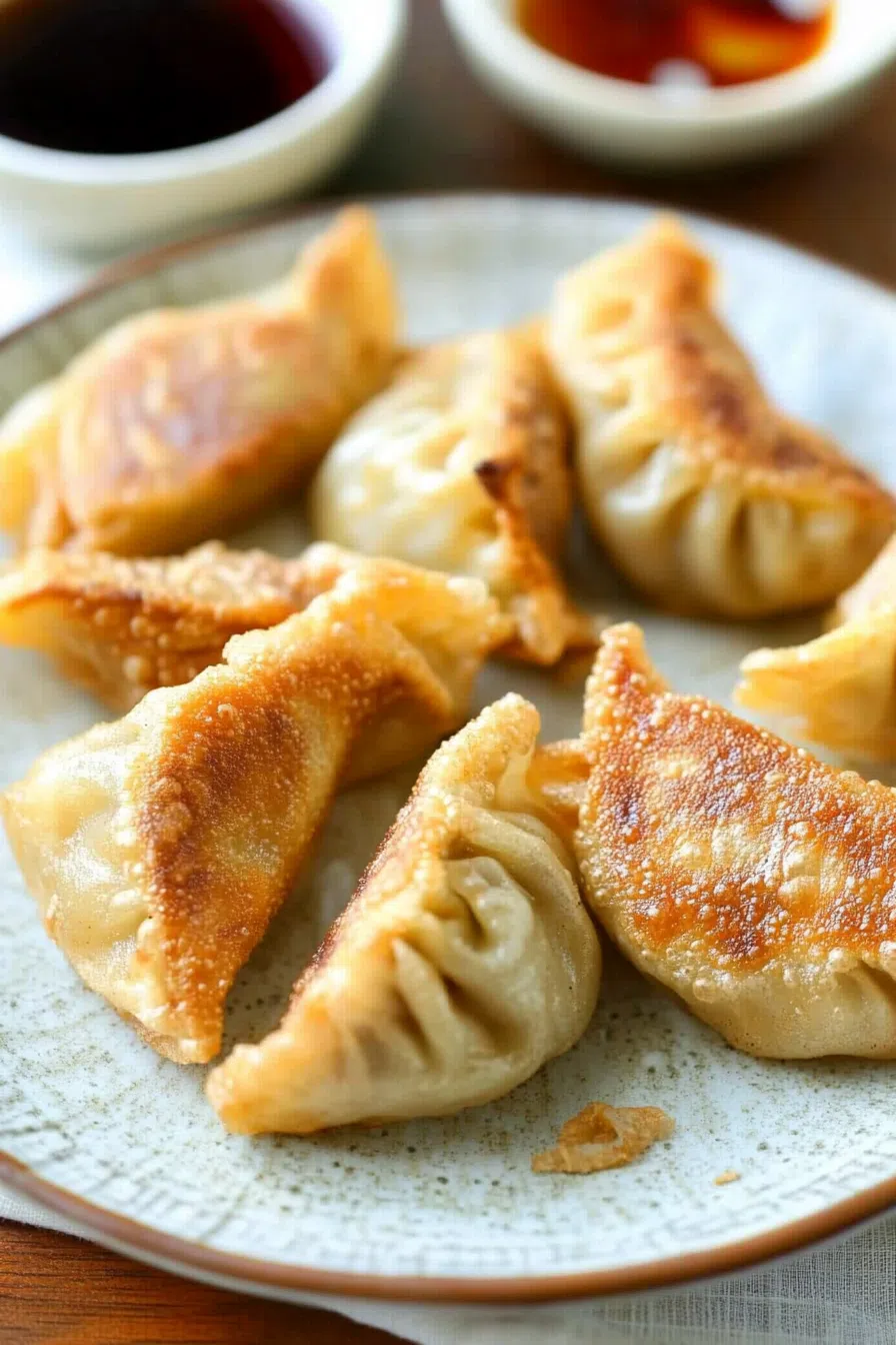 Close-up of crispy dumplings with a side of dipping sauce.