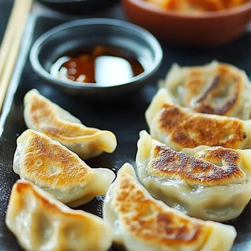 Steamed dumplings with pleated edges on a serving platter.
