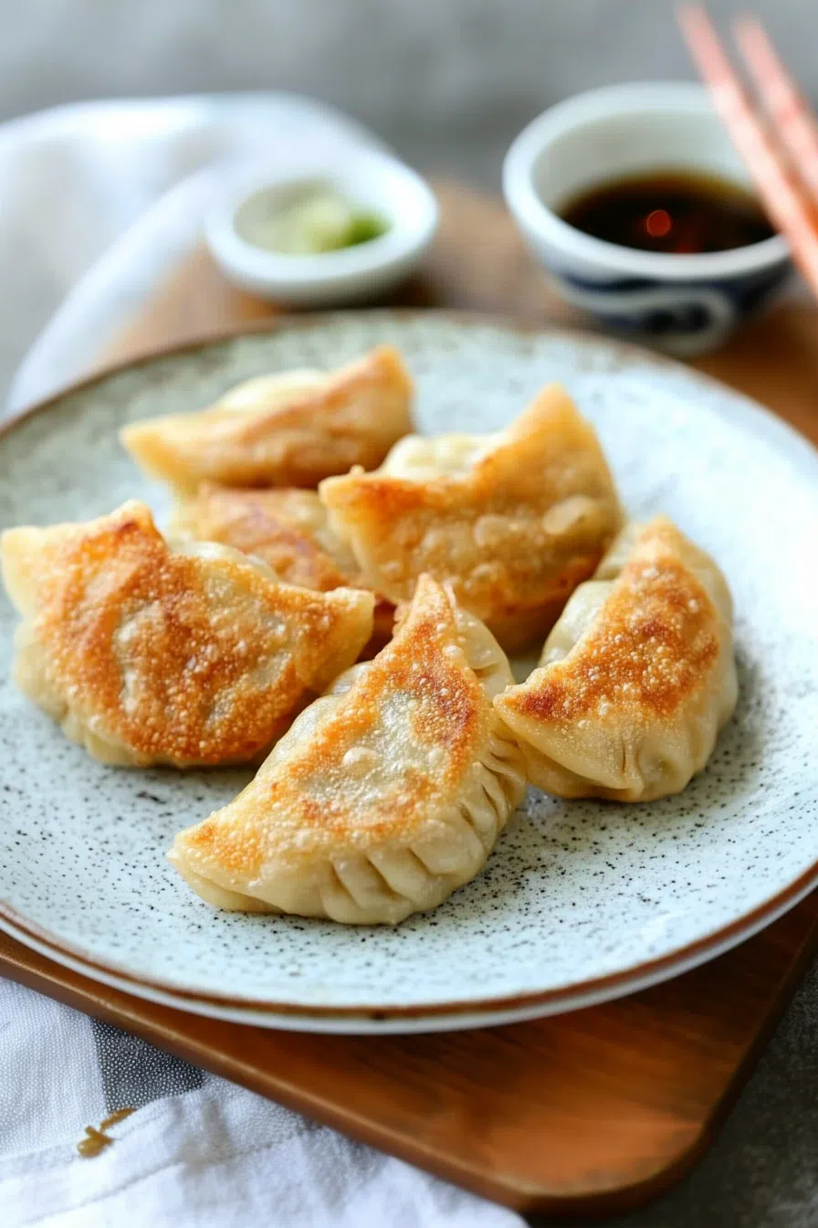 A bite-sized dumpling with filling exposed, garnished with green onions.