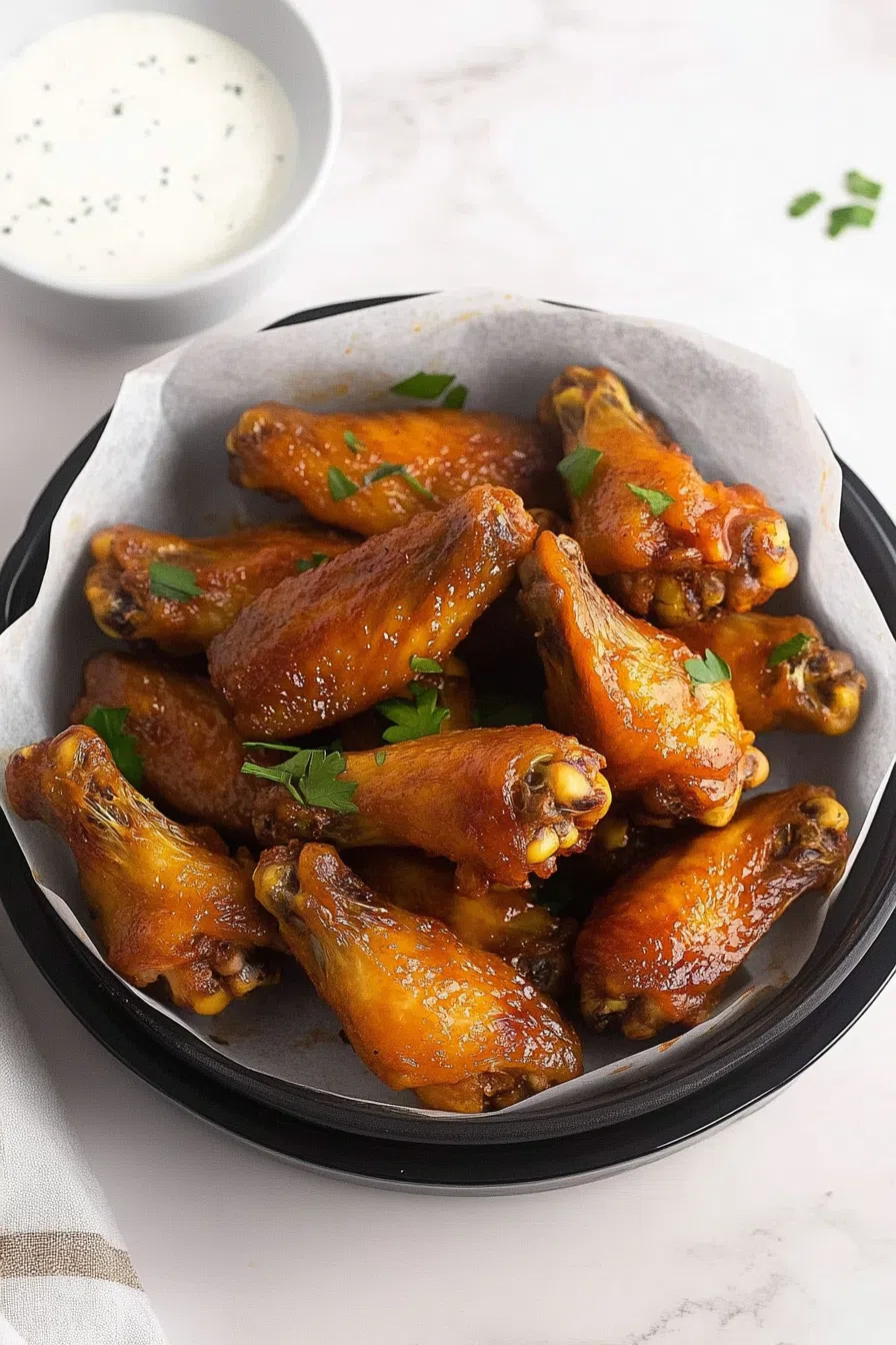 Wings arranged on parchment paper, with a side of dipping sauce.
