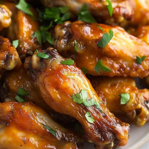 A serving platter filled with glazed wings, garnished with fresh herbs.