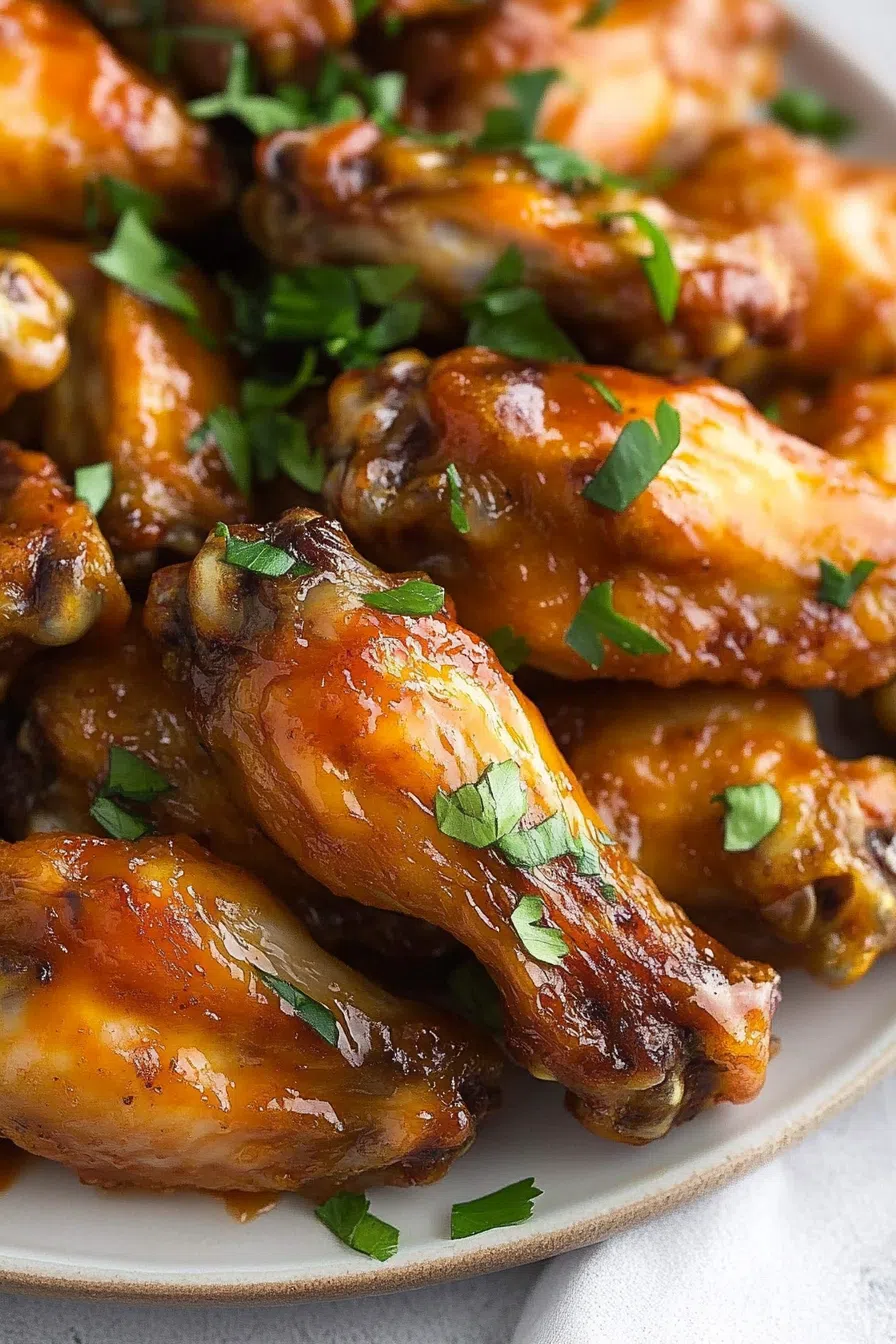 A serving platter filled with glazed wings, garnished with fresh herbs.