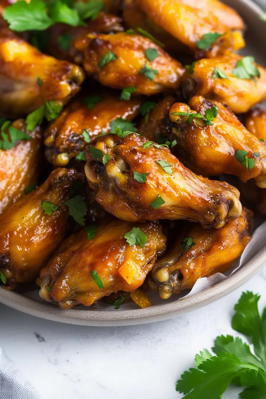 Close-up of a saucy wing with a caramelized, slightly charred exterior.