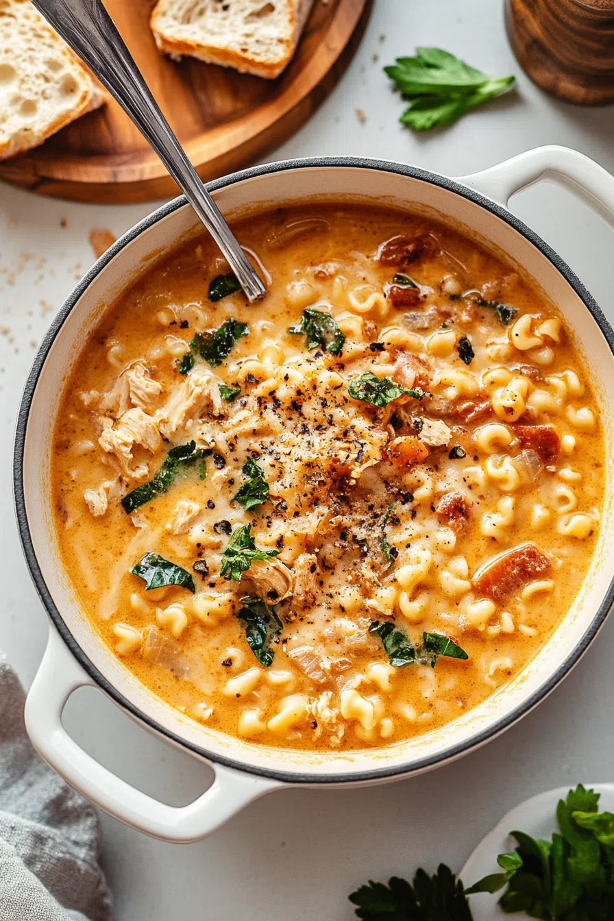 A warm bowl of soup with a smooth, flavorful broth and vibrant seasonings.