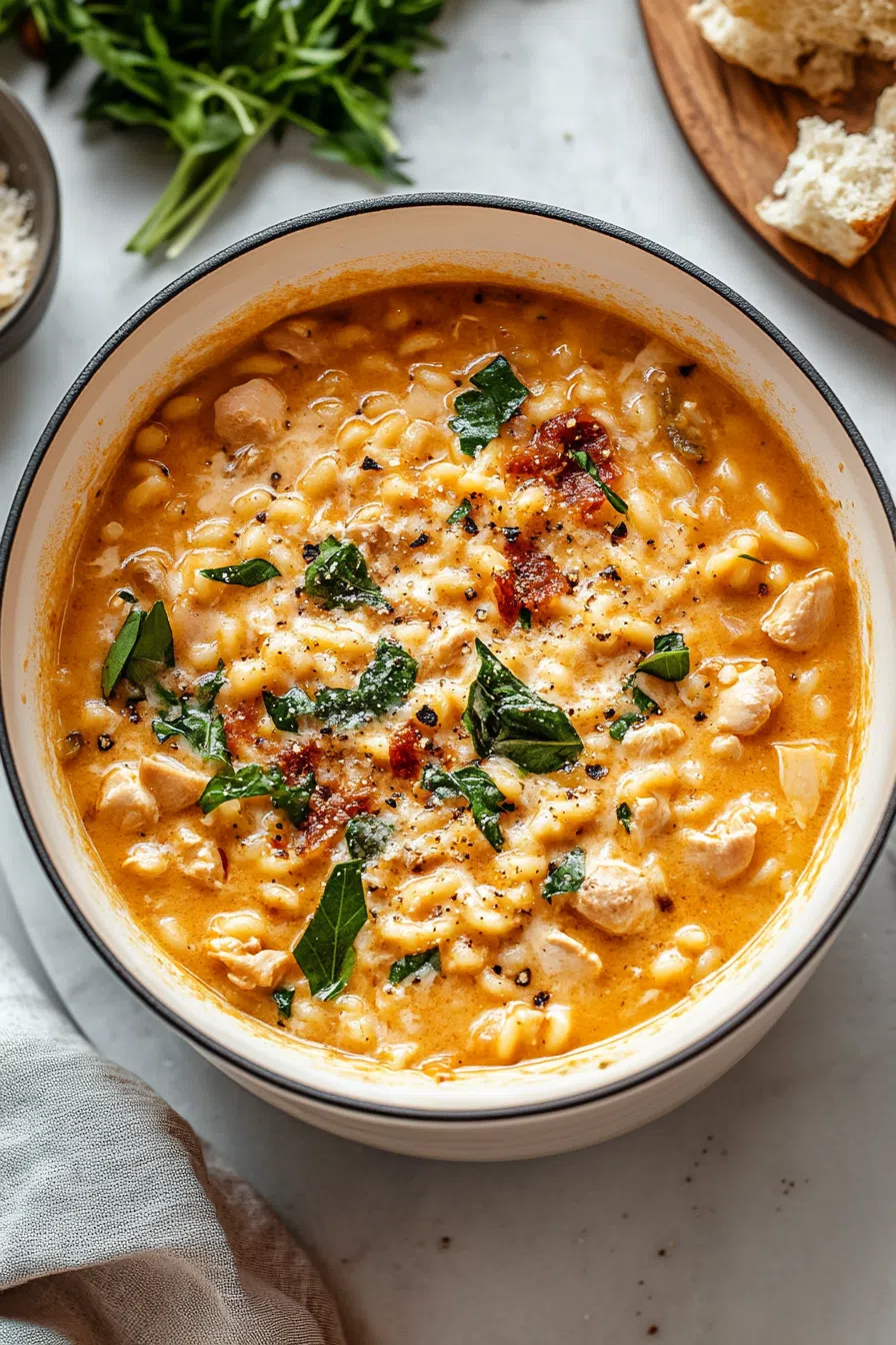 A hearty, creamy soup with chunks of chicken and a sprinkle of Parmesan on top.
