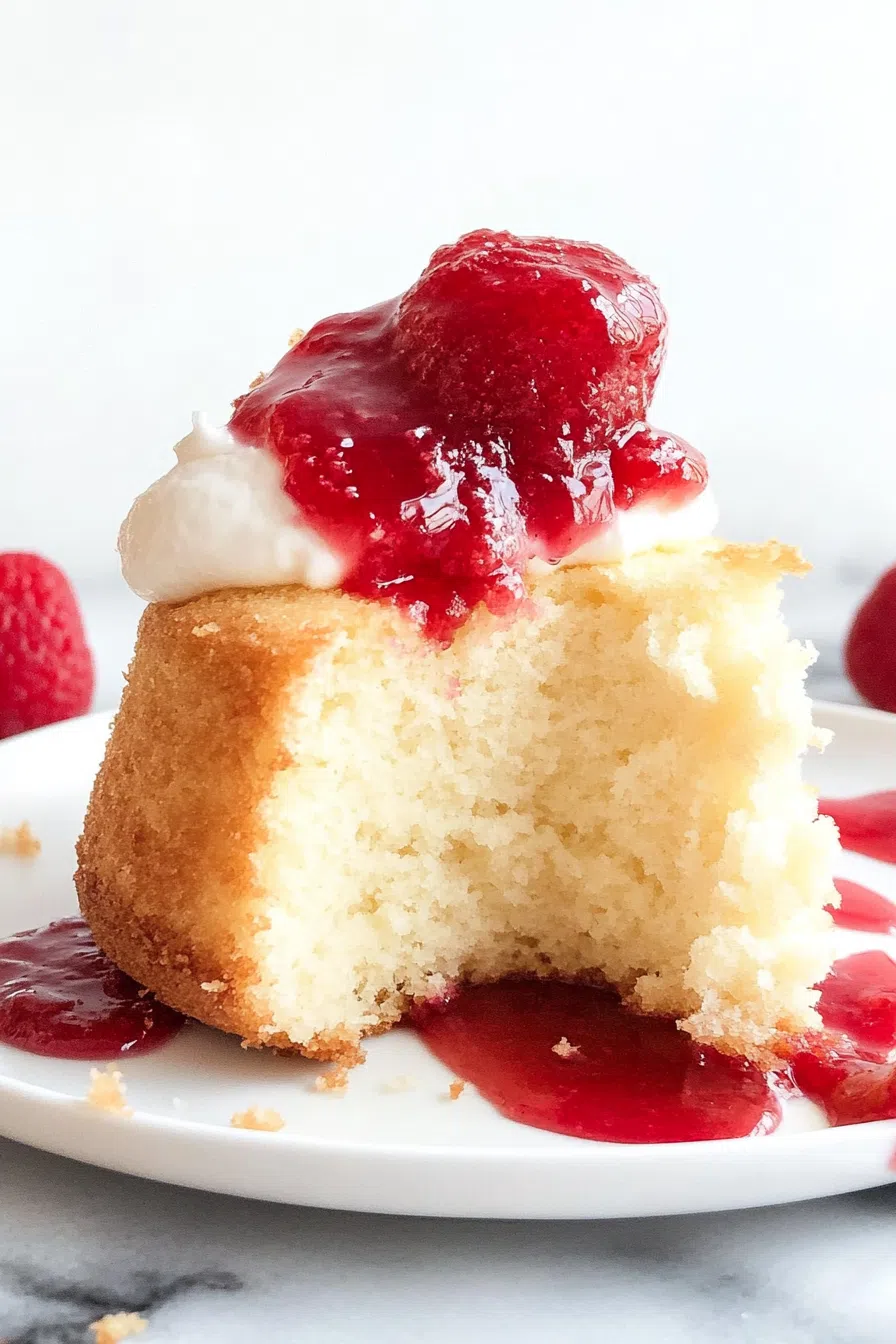 A warm cake topped with fresh berries and whipped cream.