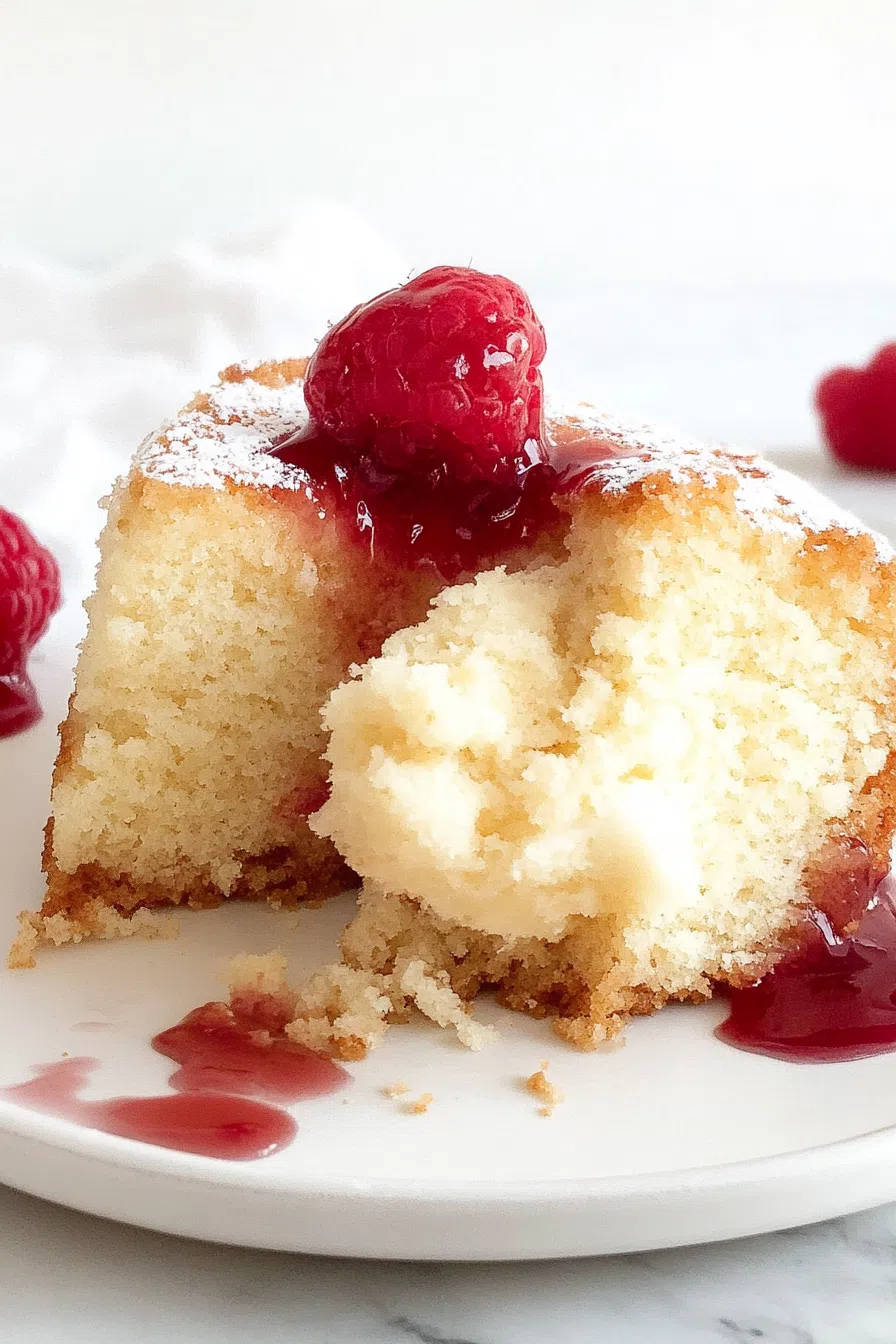 Close-up of a rich cake slice with a caramelized top.
