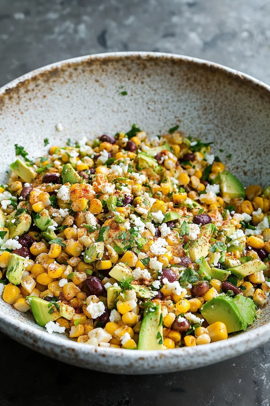 Freshly made corn salad with a sprinkle of seasoning and cheese on top.