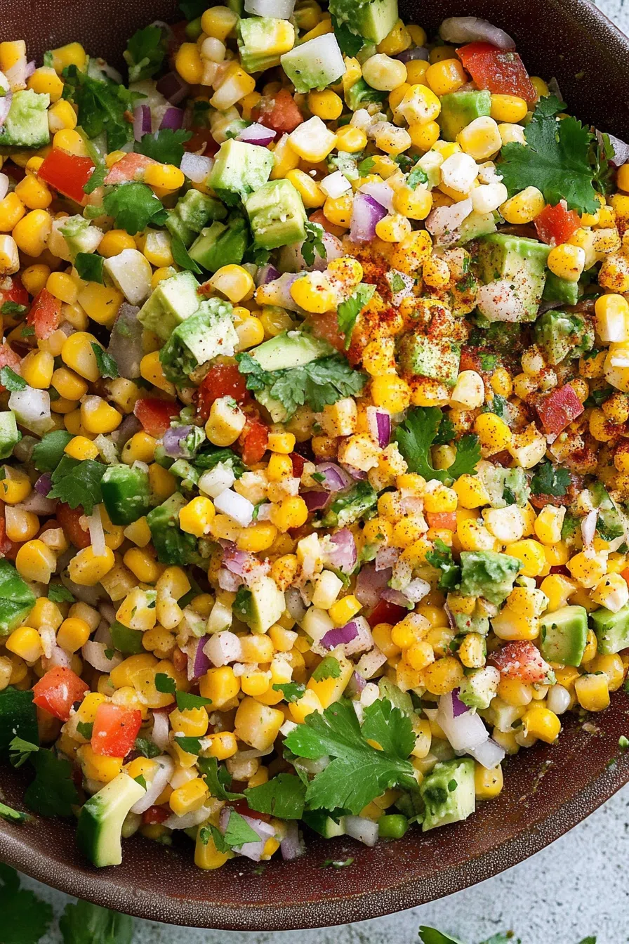 A vibrant corn salad garnished with fresh herbs and crumbled cheese