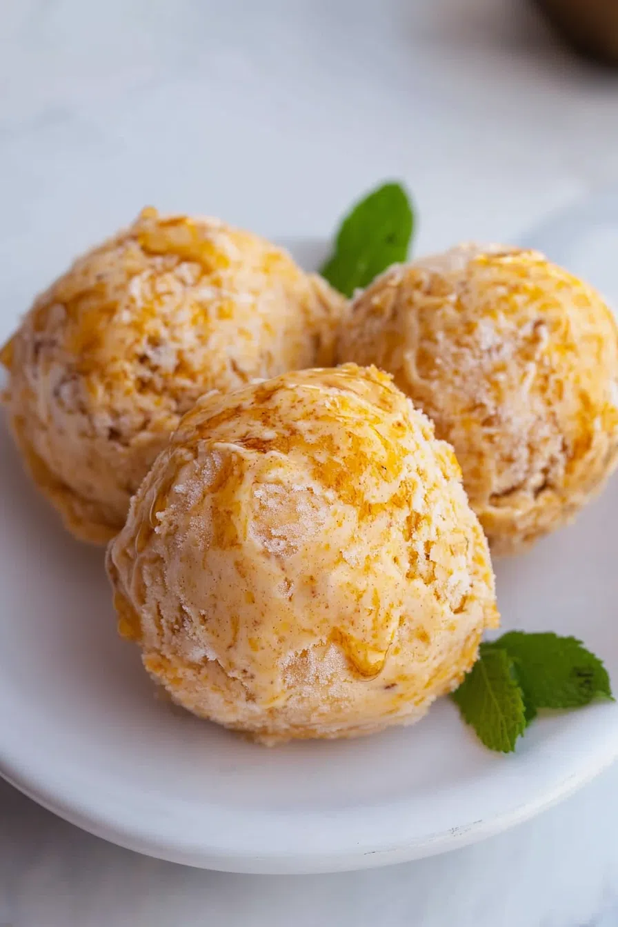 Close-up of ice cream topped with caramel drizzle and crushed nuts.