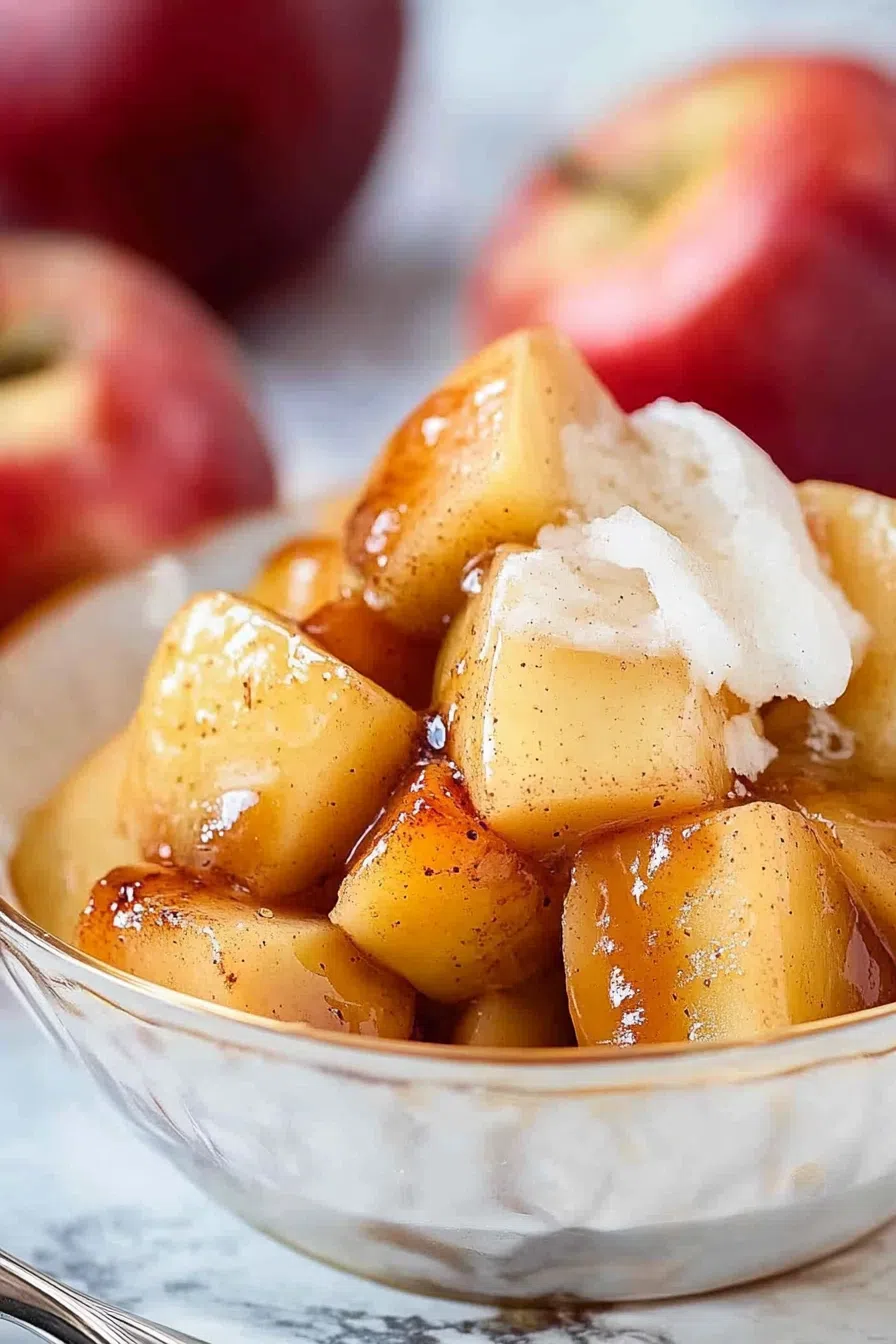 Close-up of a baked apple filled with a brown sugar topping.
