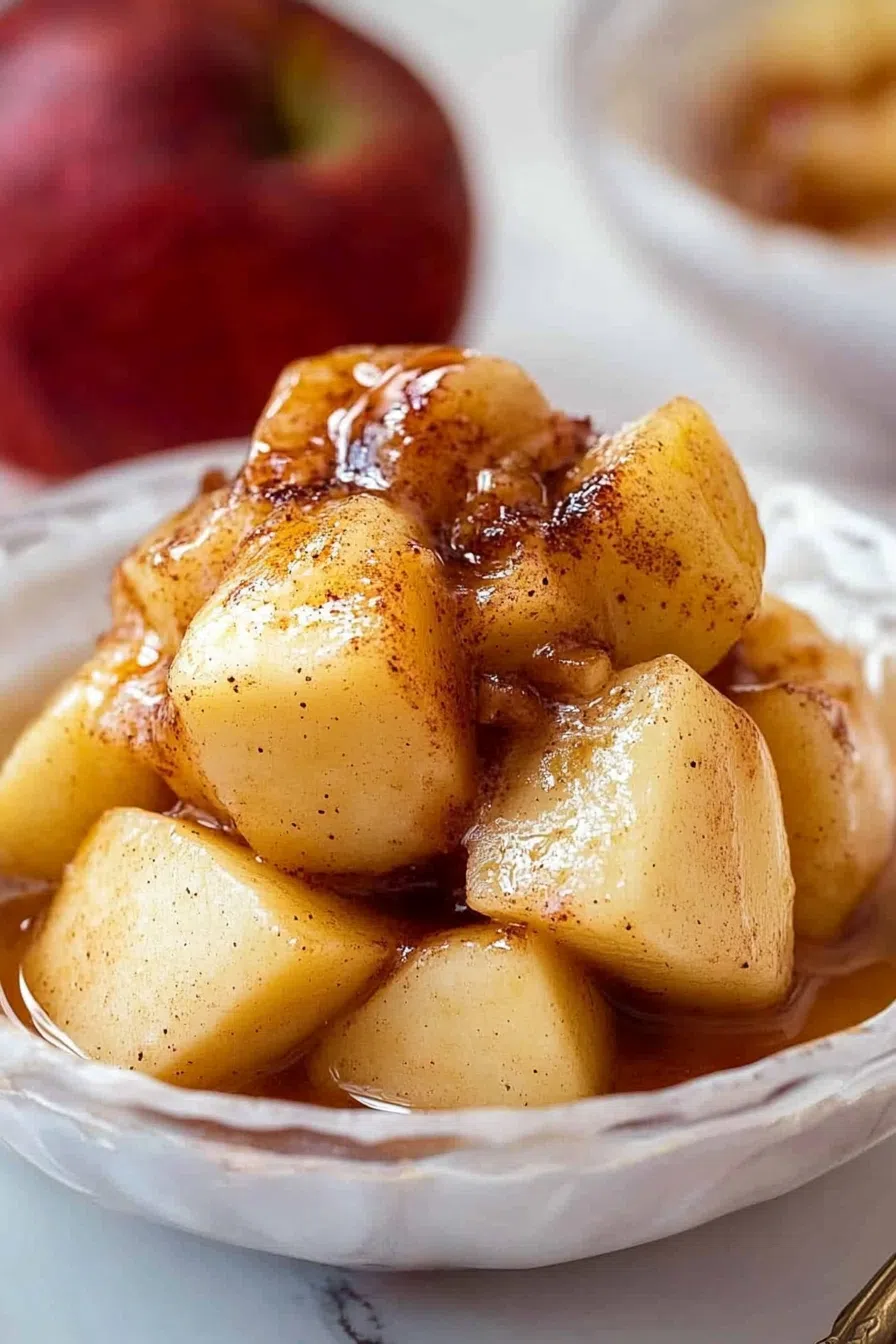 A baked apple filled with a sweet, spiced topping in a white bowl.