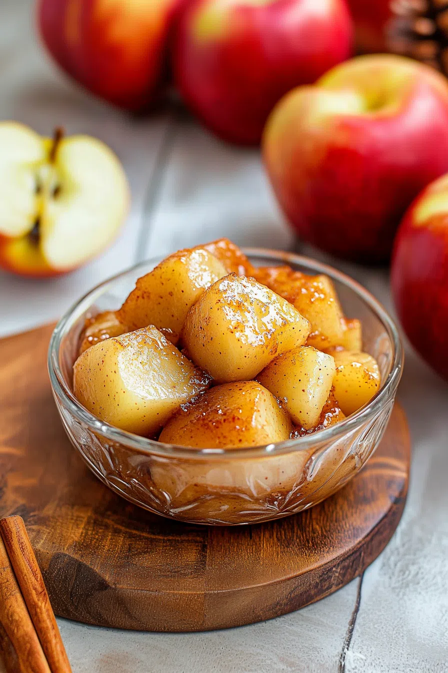 Warm, tender apple halves drizzled with caramel and cinnamon.