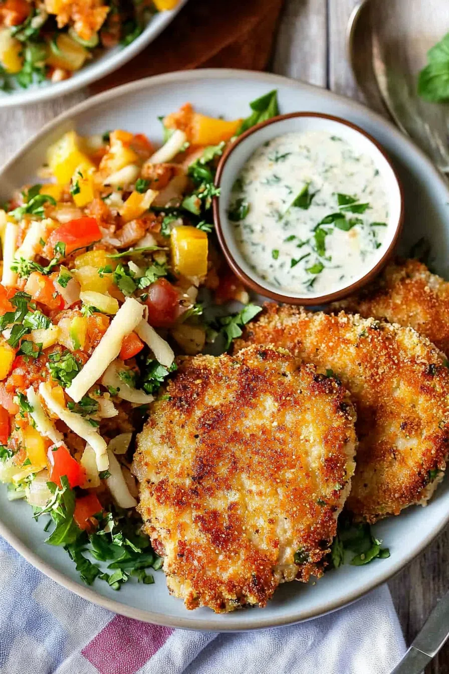 Pan-fried steak with a golden, crisp coating served alongside a fresh green salad.