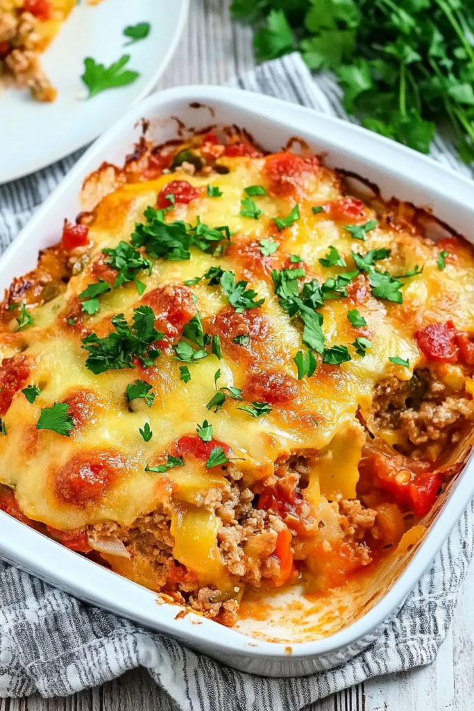 A freshly baked casserole with a golden, bubbly cheese topping.