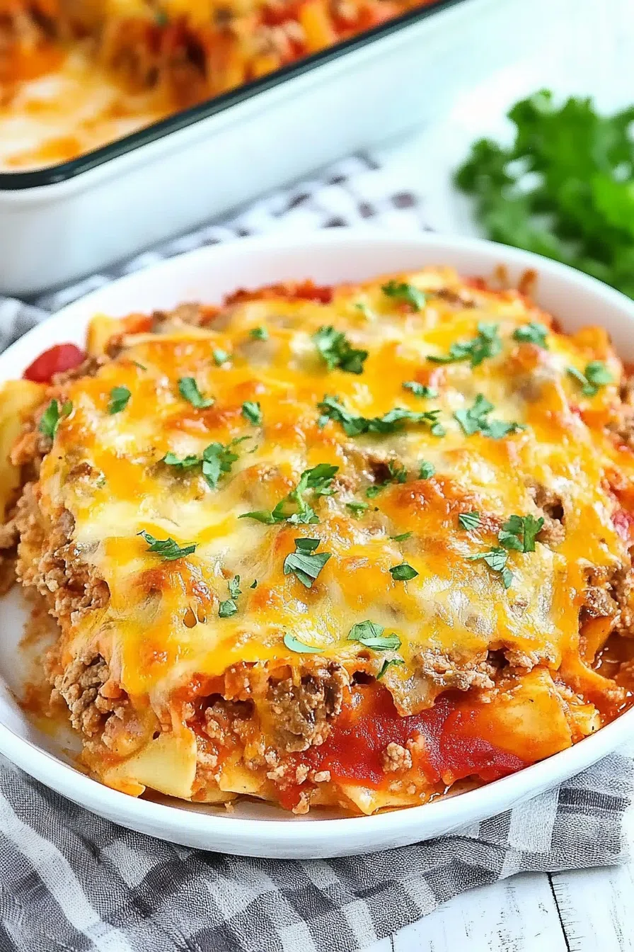 A casserole dish filled with a golden, cheesy baked casserole.