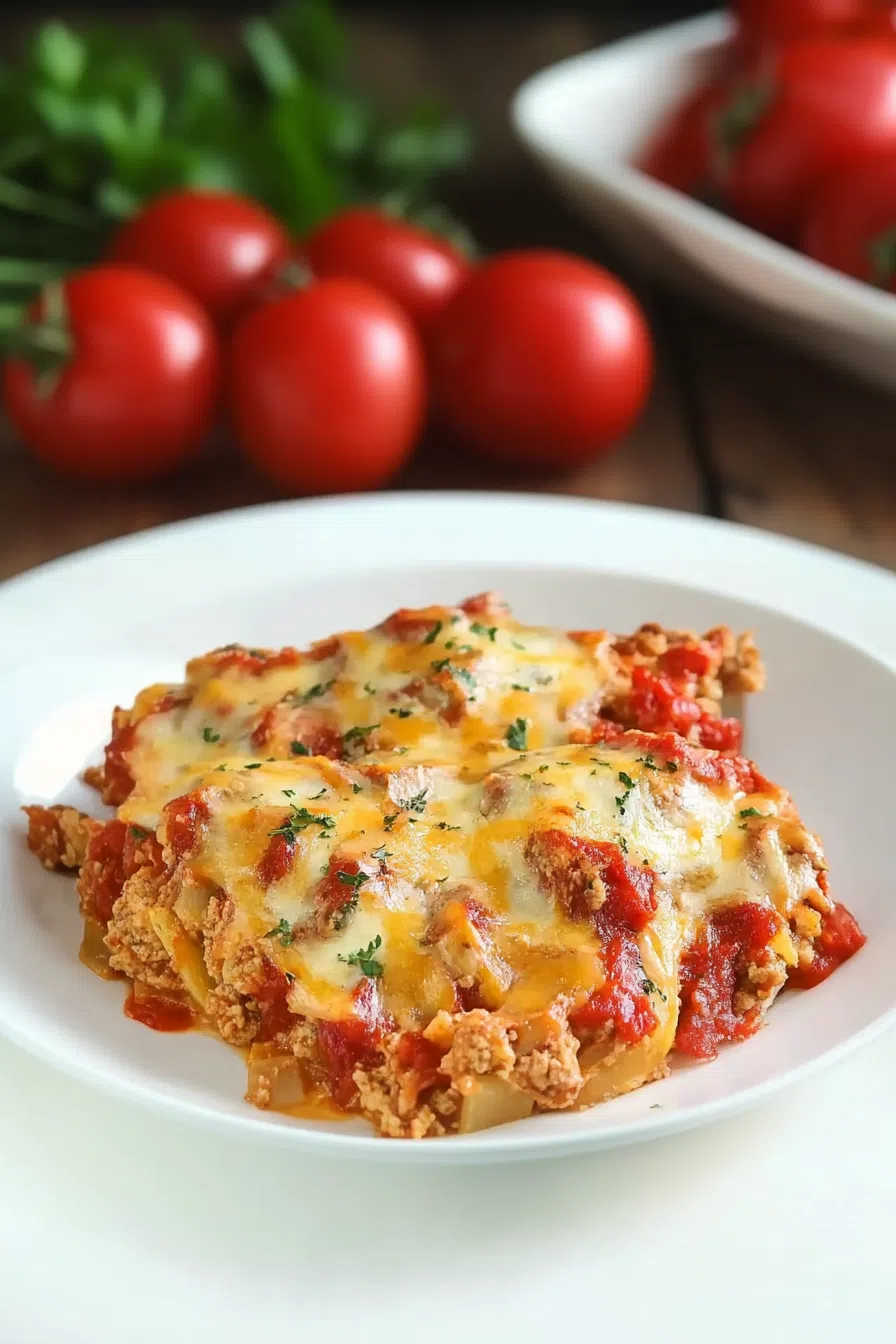 A casserole dish garnished with fresh herbs on a wooden table.