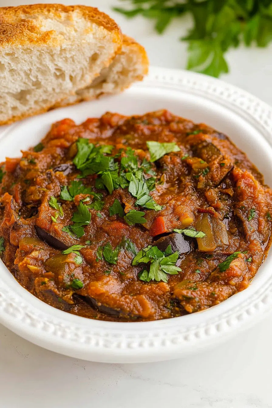 A vibrant spread of eggplant and tomato dip with pita bread on the side.