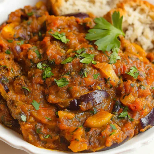 Close-up of a bowl of roasted eggplant and tomato salad garnished with fresh herbs.