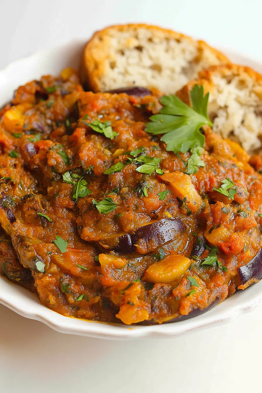 Close-up of a bowl of roasted eggplant and tomato salad garnished with fresh herbs.