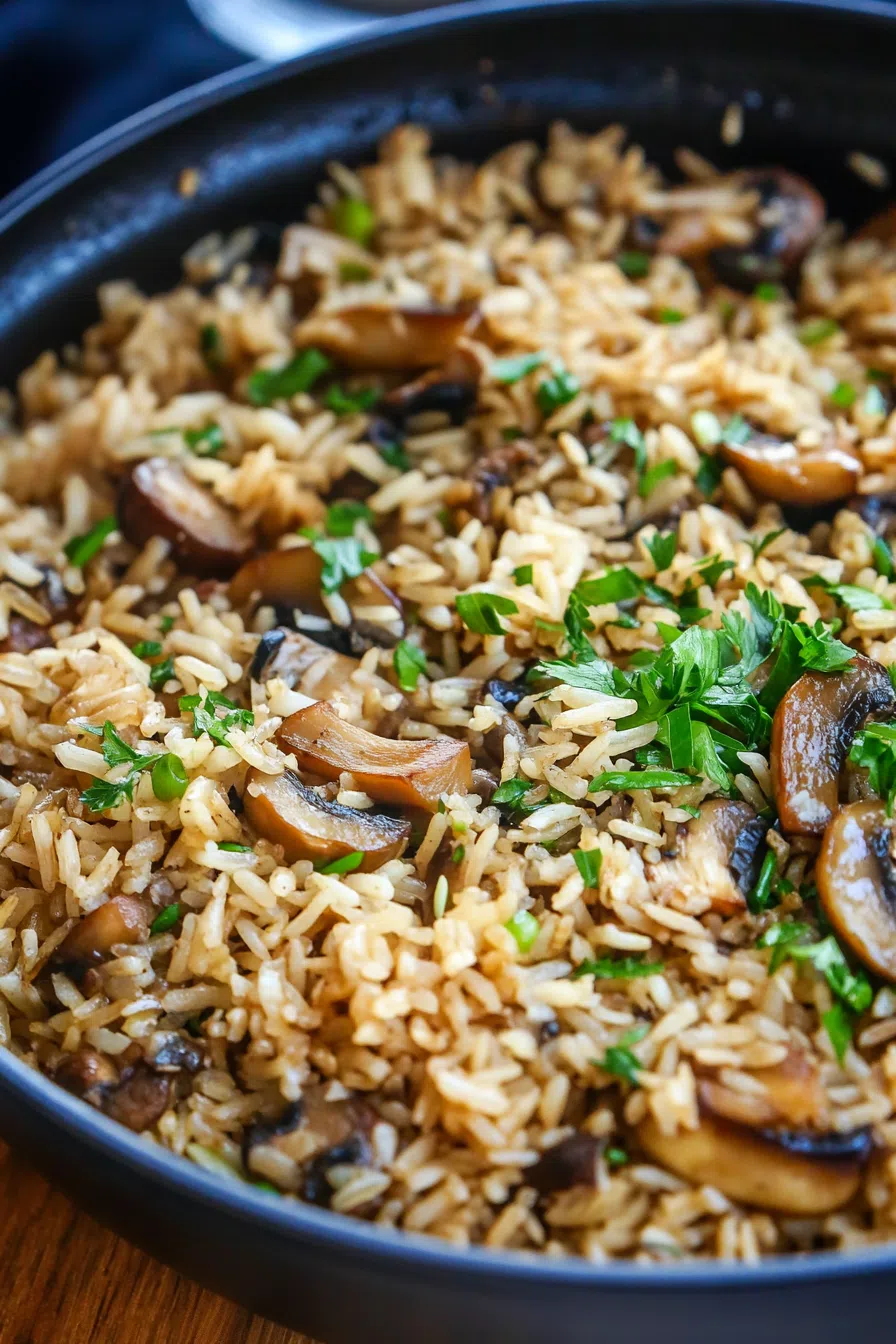 A skillet filled with warm, aromatic rice and golden-brown mushrooms.