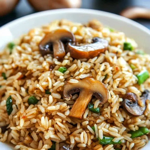 A comforting side dish of rice and mushrooms, ready to be served.