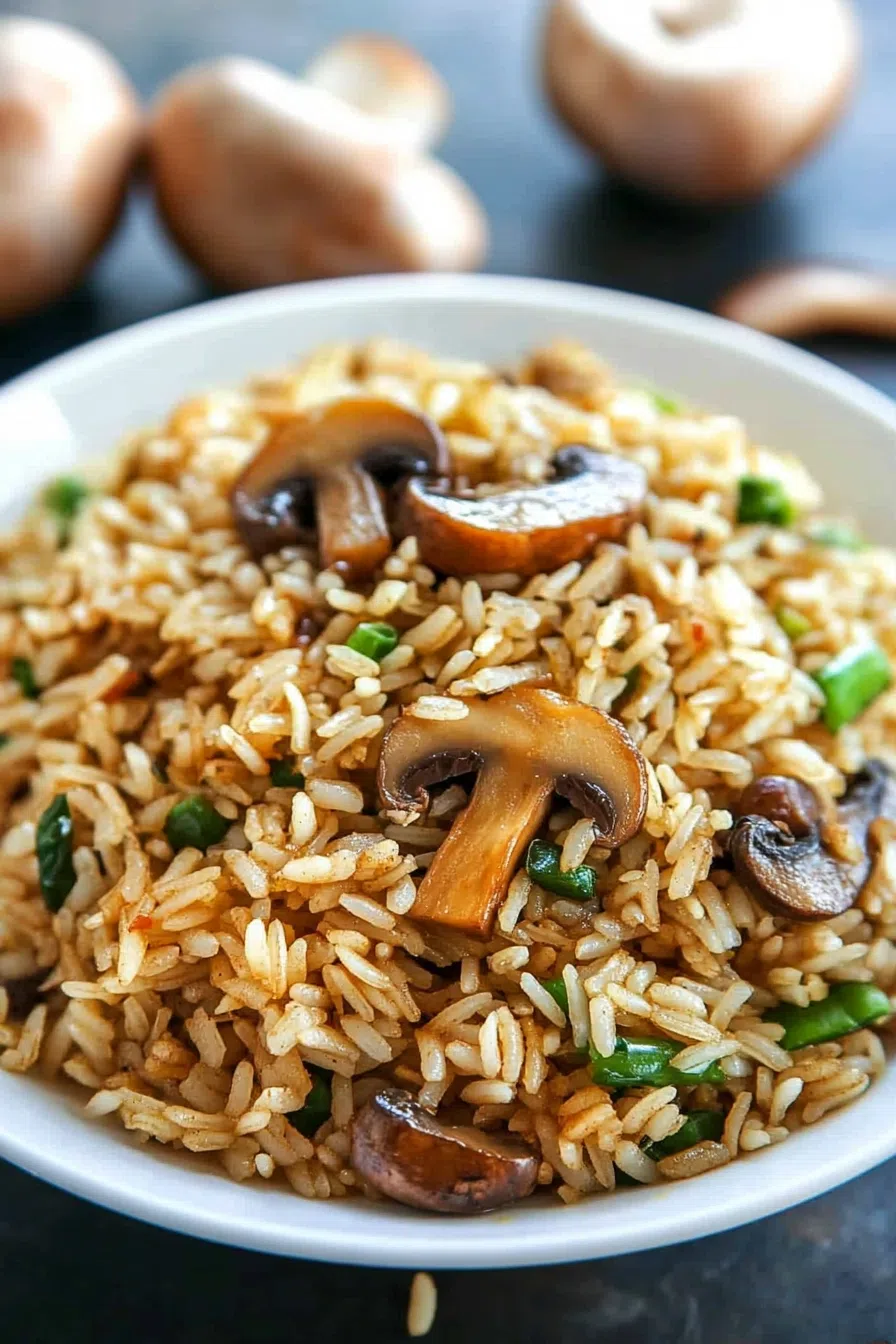 A comforting side dish of rice and mushrooms, ready to be served.