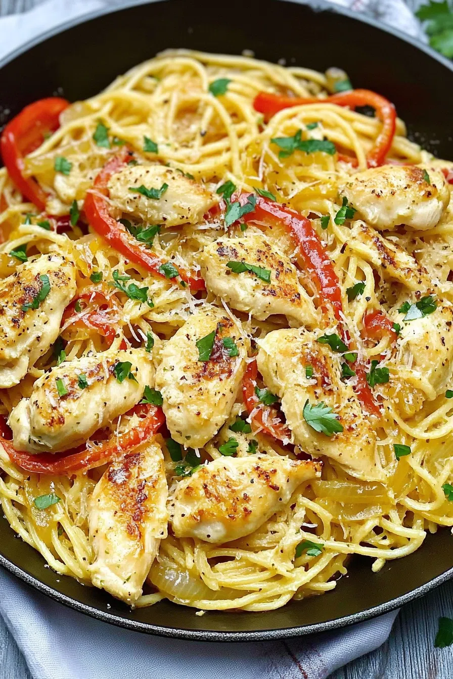 A plate of chicken scampi served with colorful bell peppers and pasta.
