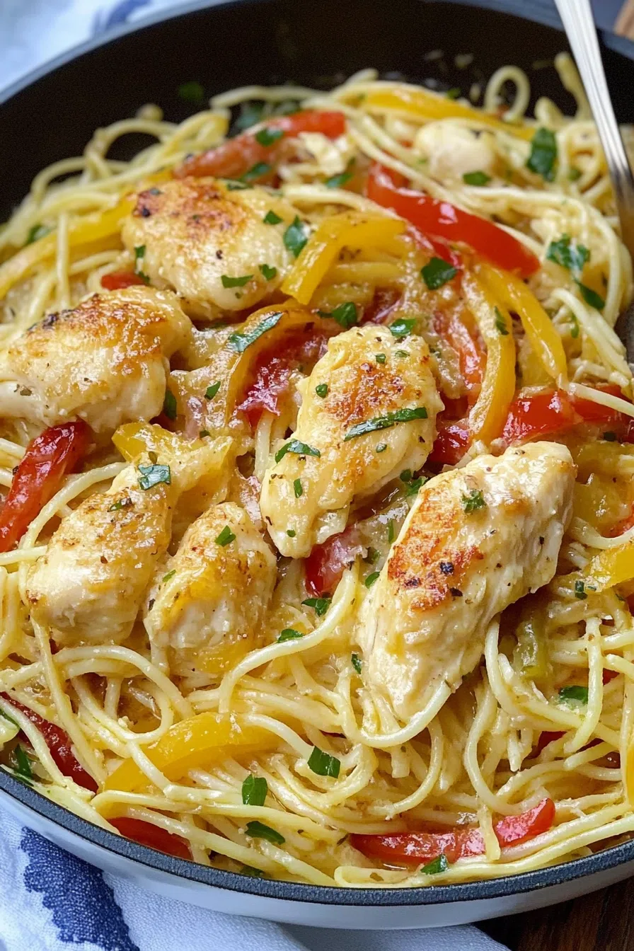 Golden-brown chicken pieces with creamy scampi sauce over fettuccine.