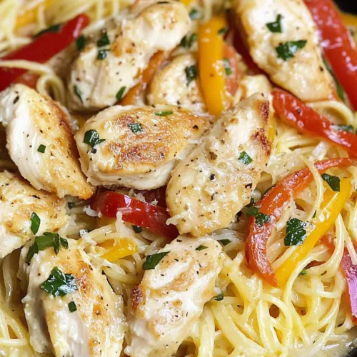 Close-up of chicken scampi garnished with grated Parmesan and fresh parsley.