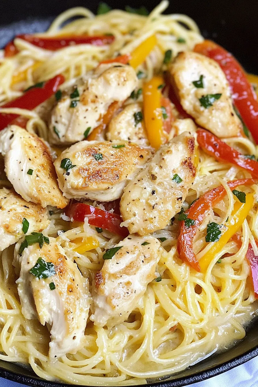 Close-up of chicken scampi garnished with grated Parmesan and fresh parsley.