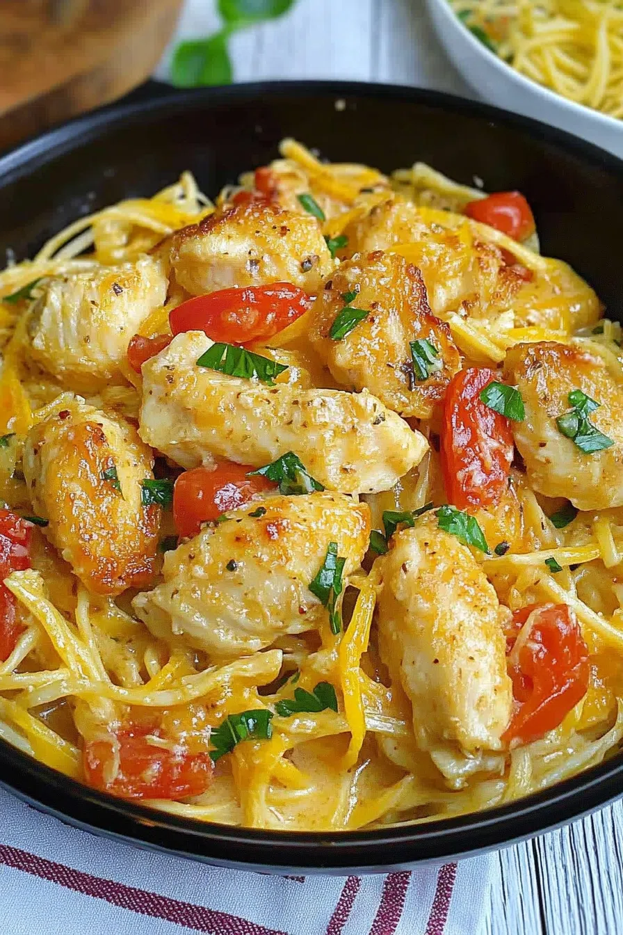Golden, pan-seared chicken served over a bed of pasta with a light sauce.