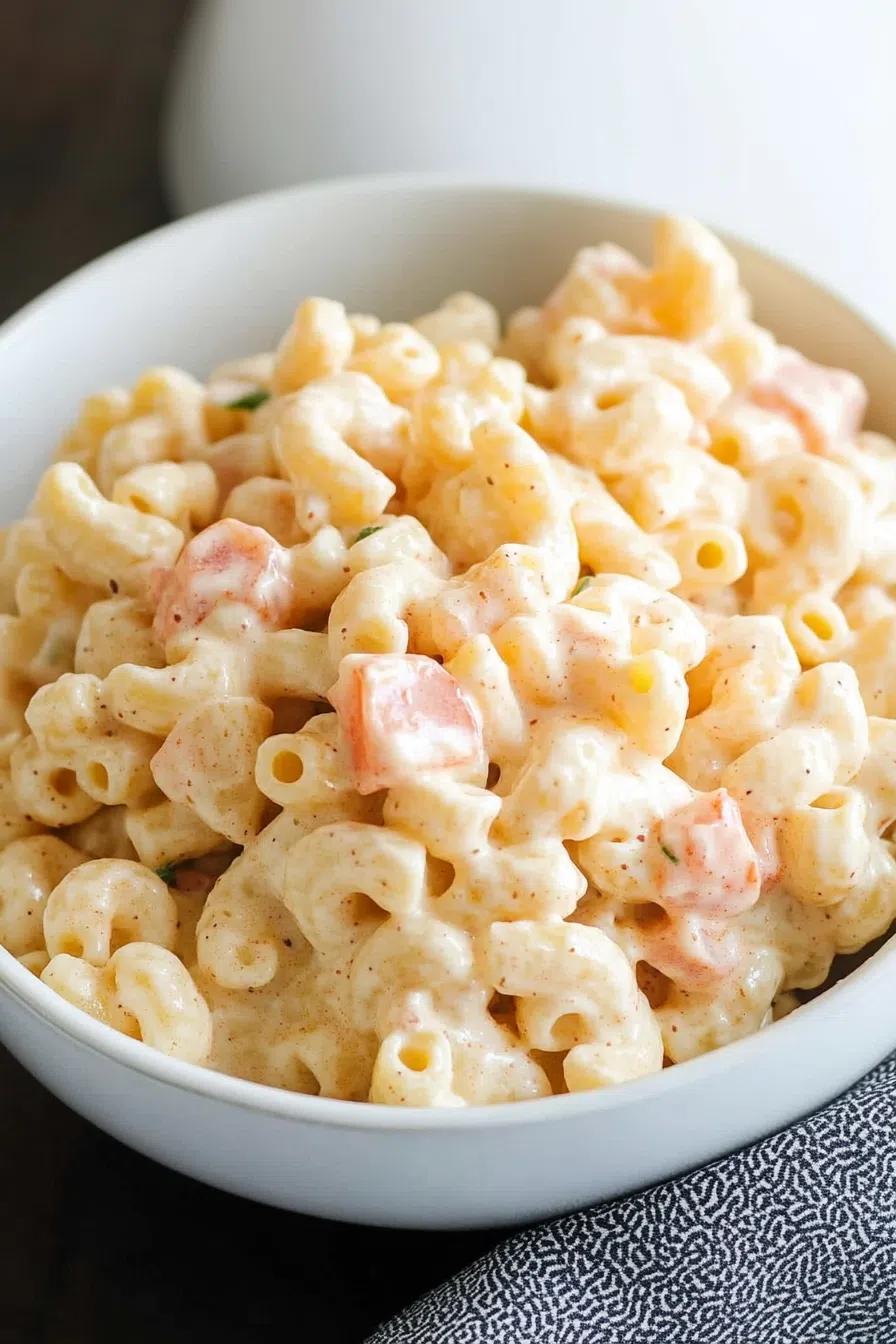 Close-up of elbow macaroni coated in a rich, creamy dressing.