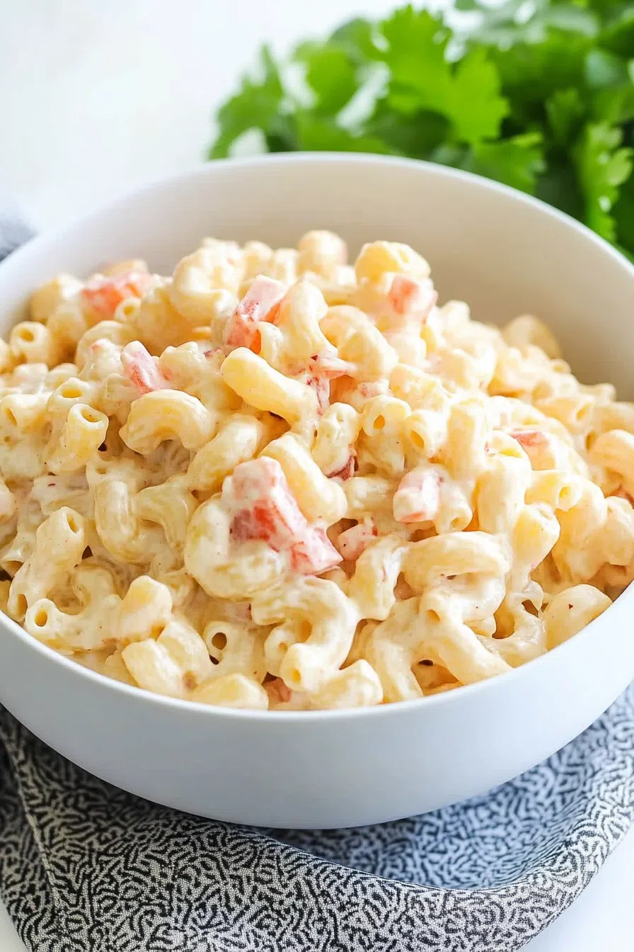 Plate of Hawaiian-style macaroni salad with a smooth, creamy dressing.