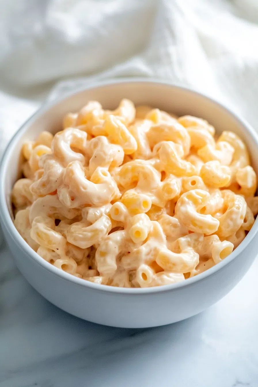 Chilled macaroni salad garnished with shredded carrots.