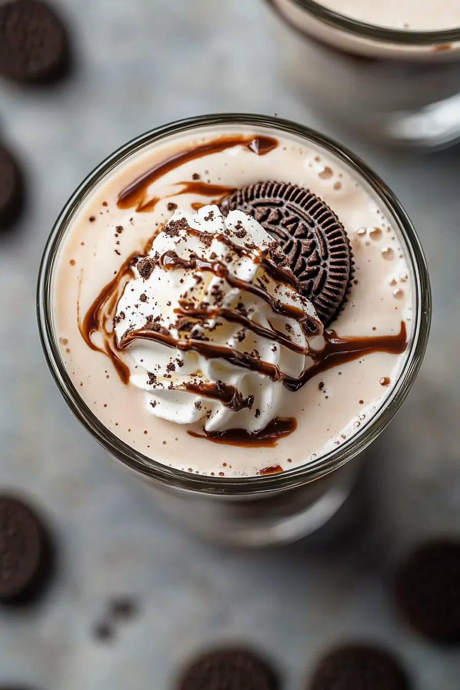Overhead shot of a milkshake topped with whipped cream and a whole cookie.