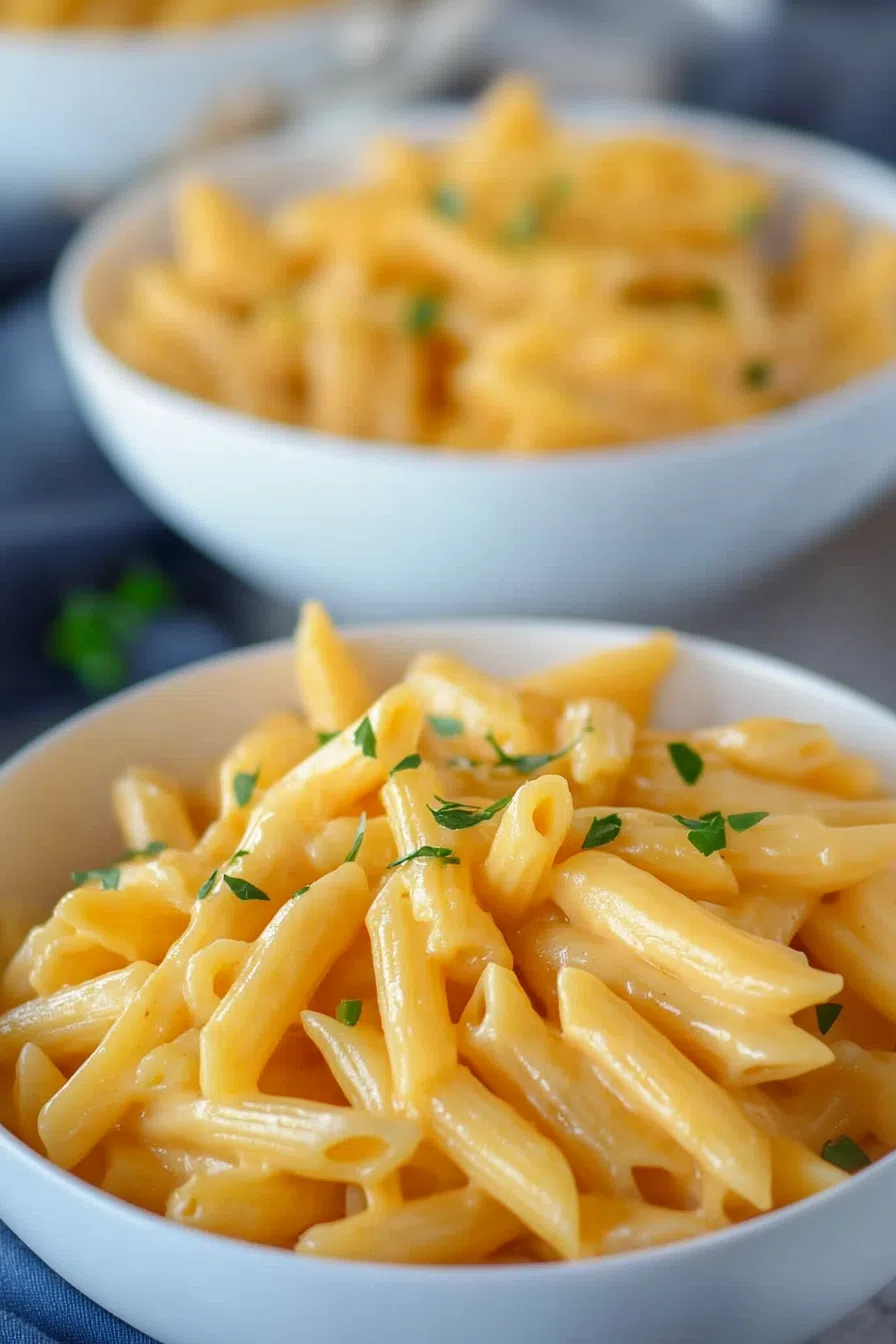 A bowl of creamy, cheesy pasta with a golden, velvety sauce.