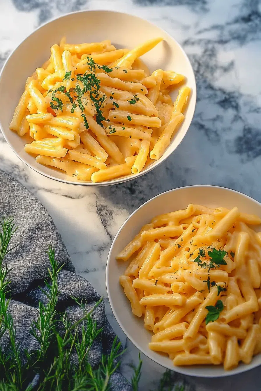 Cheesy pasta served in a white bowl with a sprinkle of black pepper.