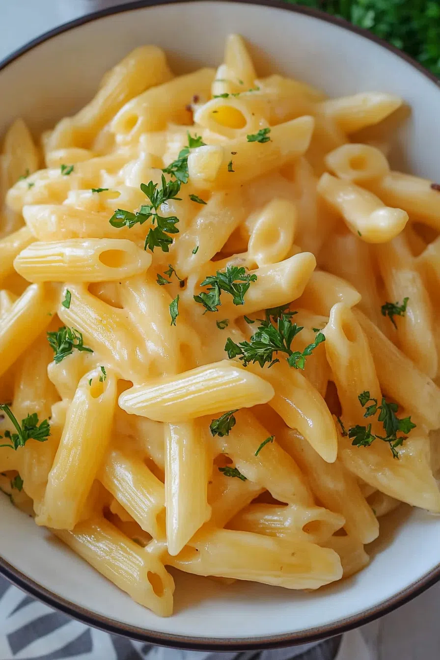 Close-up of macaroni coated in a rich, smooth cheese sauce.
