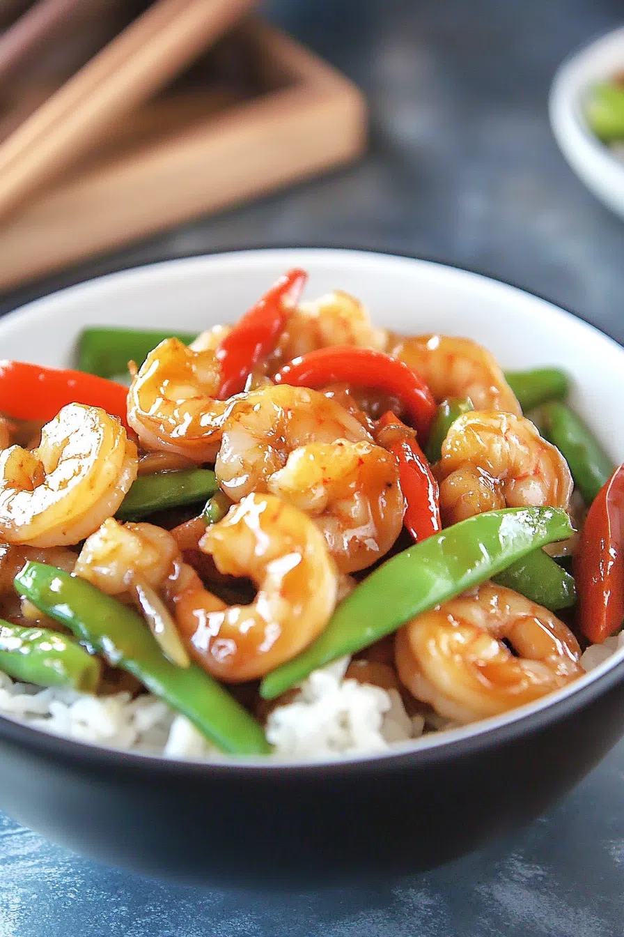 Close-up of shrimp stir-fried with vegetables and a savory sauce.